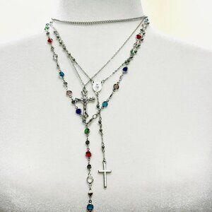 Y2K 2000s style 4pcs set Multicolored rosary necklace with silver cross charm